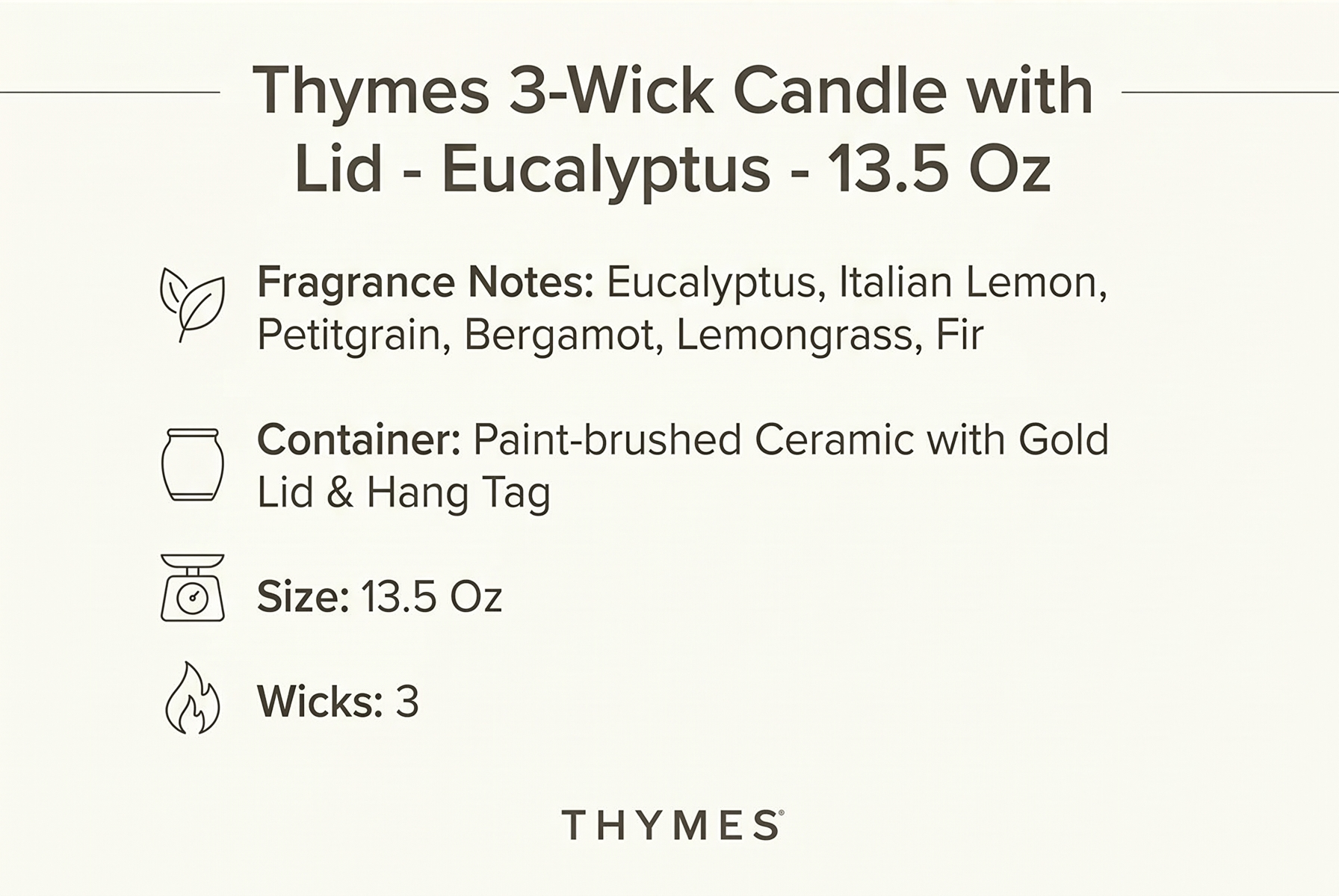 Thymes 3-Wick Candle with Lid - Eucalyptus - 13.5 Oz
