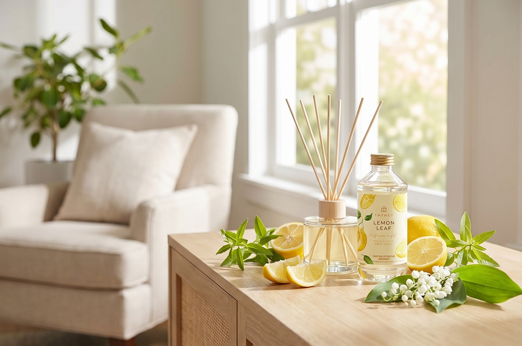 Thymes Reed Diffuser Oil Refill – Fragrance Oil for Diffuser Refill – Flameless Home Fragrance – Home Luxury Scents with Notes of Lemon Verbena, Lily of the Valley & Bergamot (Lemon Leaf, 7.75 fl oz)