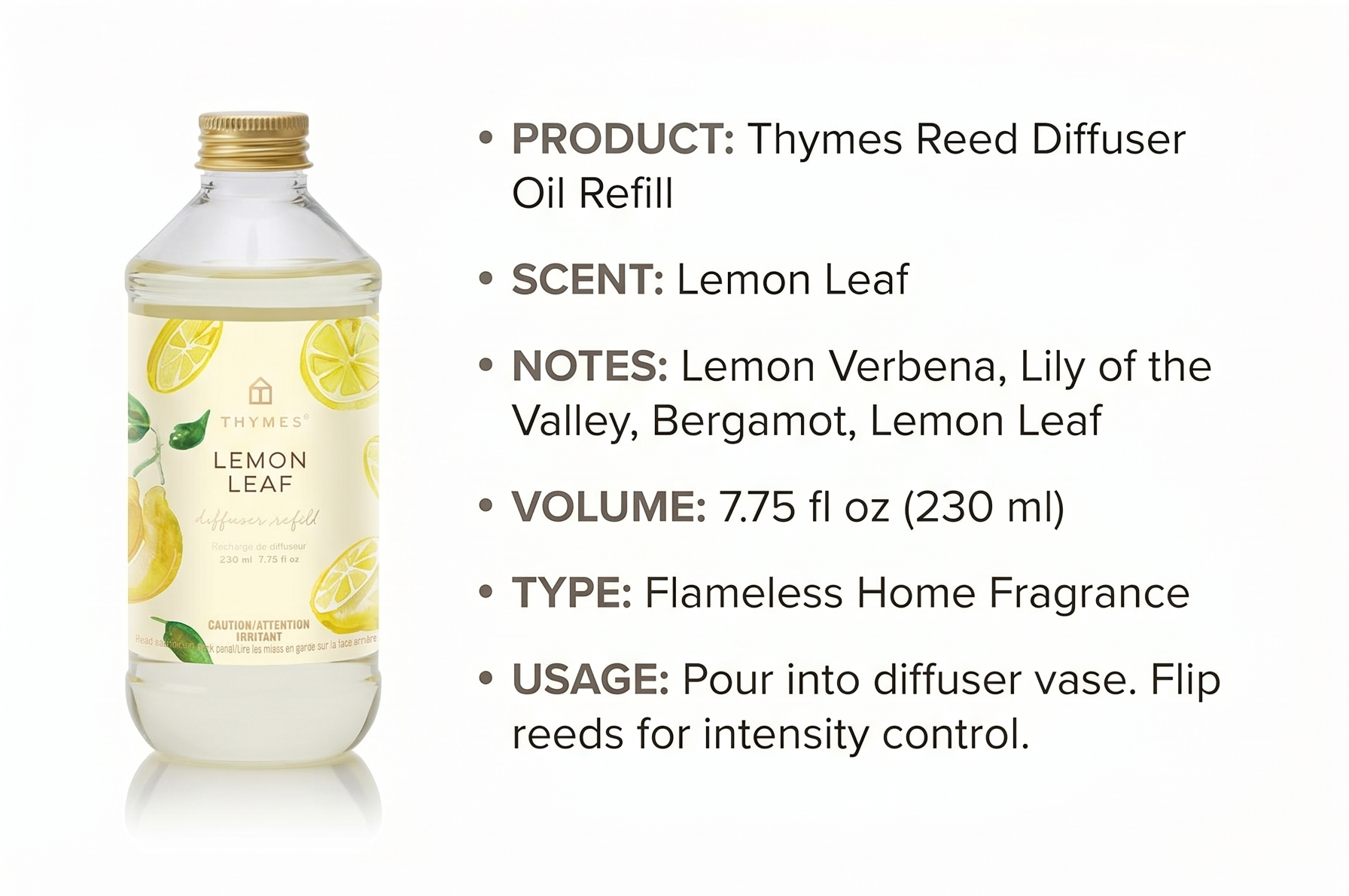 Thymes Reed Diffuser Oil Refill – Fragrance Oil for Diffuser Refill – Flameless Home Fragrance – Home Luxury Scents with Notes of Lemon Verbena, Lily of the Valley & Bergamot (Lemon Leaf, 7.75 fl oz)