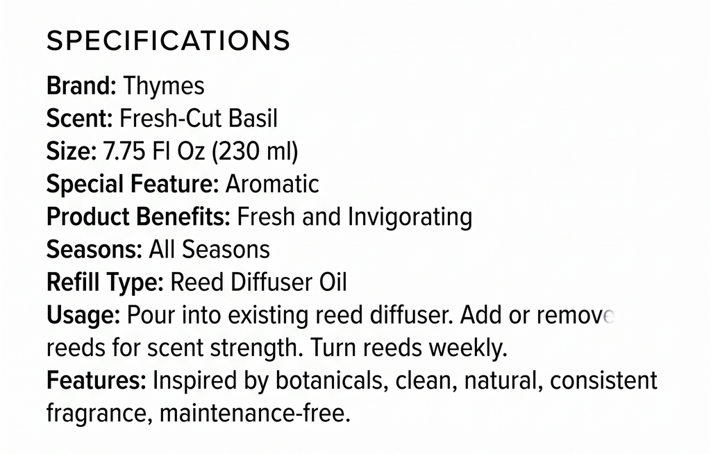 Thymes Reed Diffuser Oil - Fresh-Cut Basil - 7.75 Fl Oz