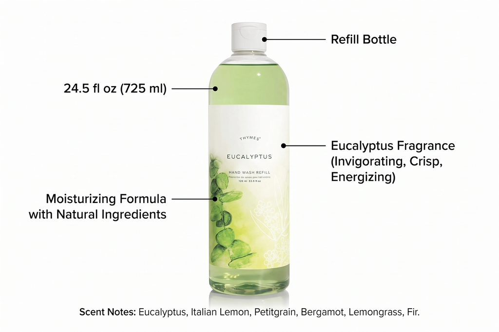 Thymes Hand Wash Refill - Lightly Scented Liquid Hand Soap for Bathroom and Kitchen Refill - Moisturizing Formula with Natural Ingredients (Eucalyptus, 24.5 fl oz)
