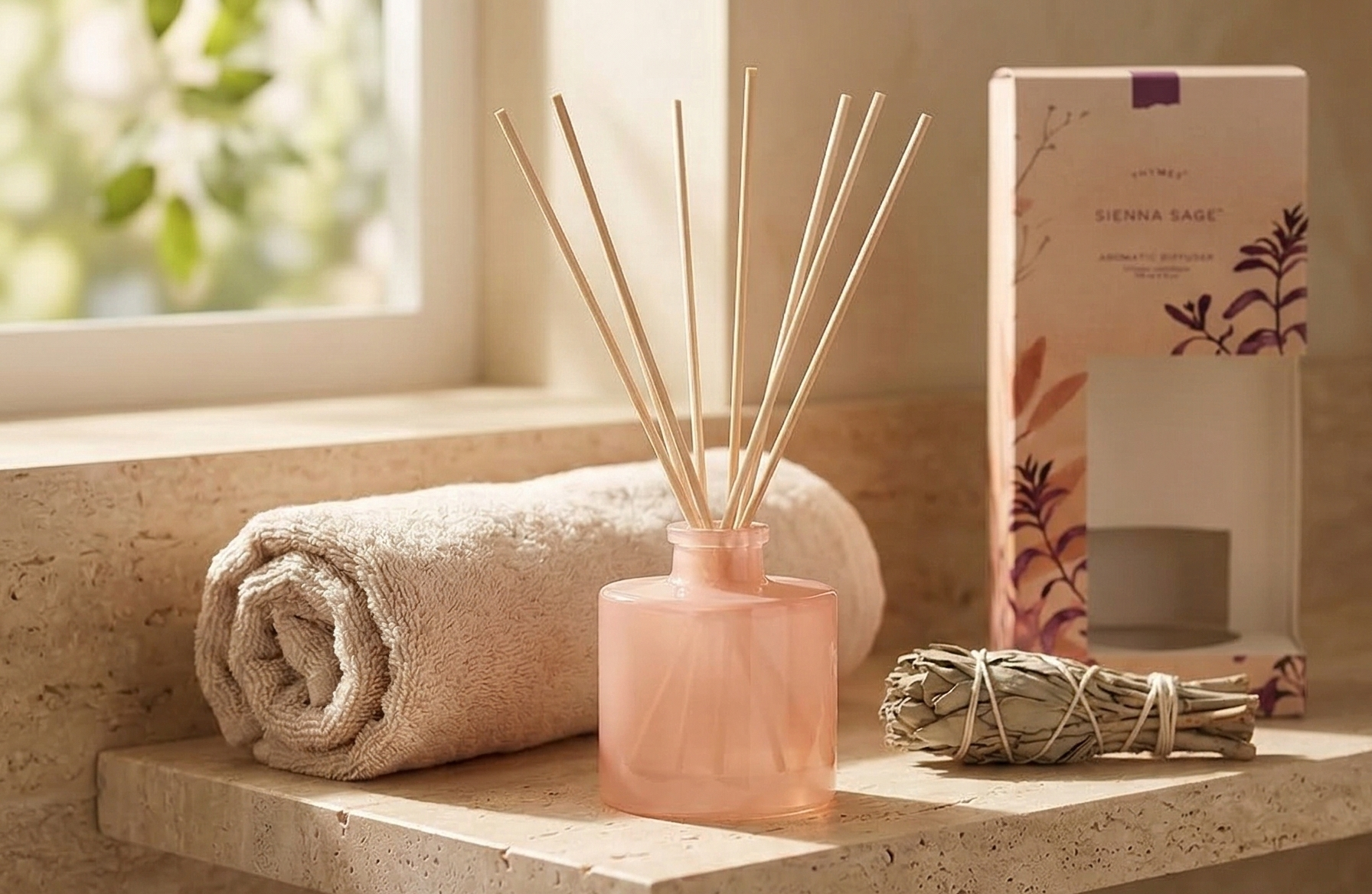 Thymes Petite Reed Diffuser Set – Includes Rattan Wood Sticks, Fragrance Oil, & Glass Bottle – Home Fragrance Oil Diffuser – Luxury Home Decor – Bedroom Decor (Sienna Sage, 4 fl oz)