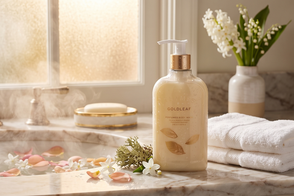 Thymes Moisturizing Body Wash with Pump - Body Soap - Bath Products - Skin Care - Liquid Soap with Notes of Jasmine, Rose, Hyacinth, Creamy lily of the Valley, & Oak Moss (Goldleaf, 9.25 fl oz)