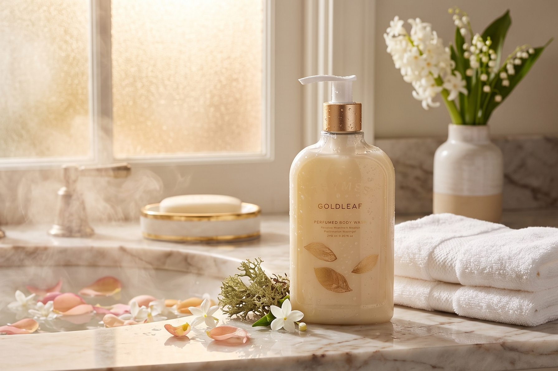 Thymes Moisturizing Body Wash with Pump - Body Soap - Bath Products - Skin Care - Liquid Soap with Notes of Jasmine, Rose, Hyacinth, Creamy lily of the Valley, & Oak Moss (Goldleaf, 9.25 fl oz)