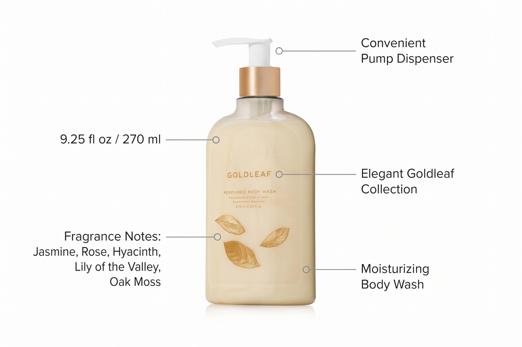 Thymes Moisturizing Body Wash with Pump - Body Soap - Bath Products - Skin Care - Liquid Soap with Notes of Jasmine, Rose, Hyacinth, Creamy lily of the Valley, & Oak Moss (Goldleaf, 9.25 fl oz)