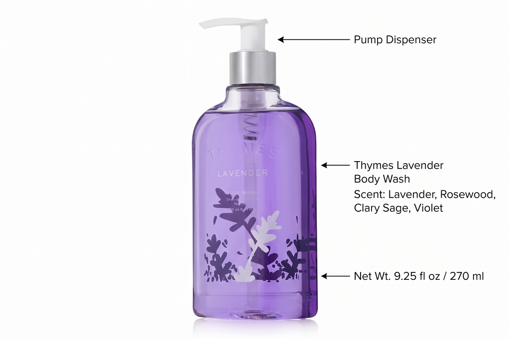 Thymes Body Wash with Pump - Liquid Soap for Bath and Shower - Body Soap - Skin Care - Scented Soap with Notes of Velvety Lavender, Warm Rosewood, Fresh Clary Sage, & Violet (Lavender, 9.25 fl oz)