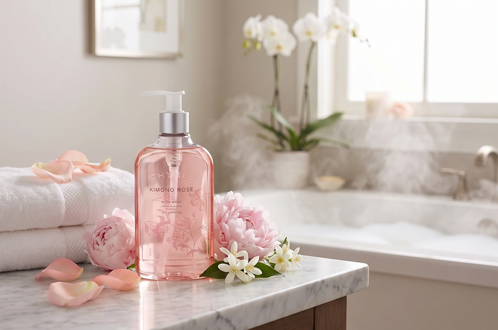 Thymes Body Wash with Pump - Liquid Soap for Bath and Shower - Body Soap - Skin Care - Scented Soap with Notes of Rose, Peony, Jasmine, Clementine, Black Currant, & Vanilla (Kimono Rose, 9.25 fl oz)