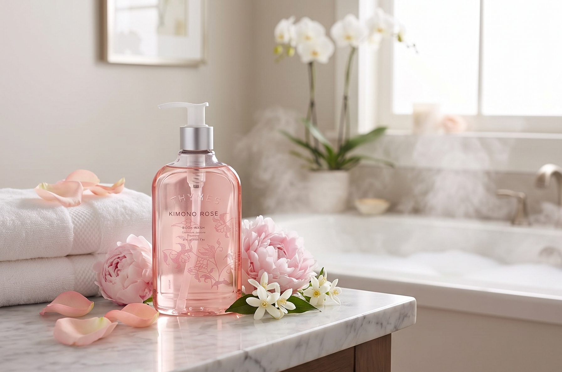 Thymes Body Wash with Pump - Liquid Soap for Bath and Shower - Body Soap - Skin Care - Scented Soap with Notes of Rose, Peony, Jasmine, Clementine, Black Currant, & Vanilla (Kimono Rose, 9.25 fl oz)