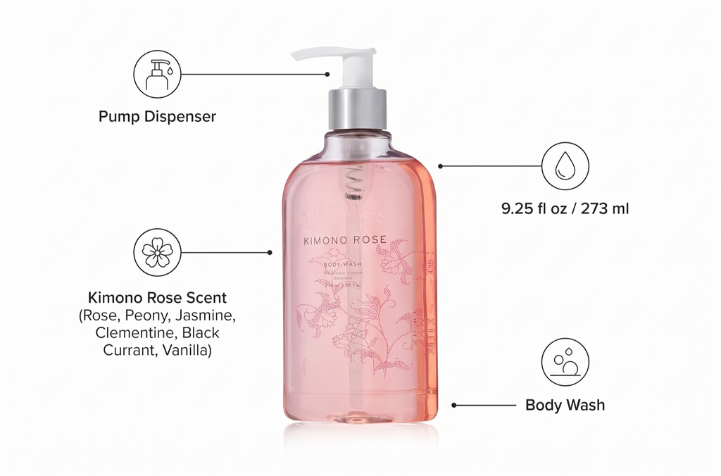 Thymes Body Wash with Pump - Liquid Soap for Bath and Shower - Body Soap - Skin Care - Scented Soap with Notes of Rose, Peony, Jasmine, Clementine, Black Currant, & Vanilla (Kimono Rose, 9.25 fl oz)
