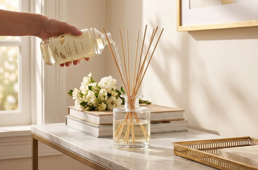 Thymes Reed Diffuser Oil Refill – Fragrance Oil for Diffuser Refill – Flameless Home Fragrance Products – Home Luxury Scents with Notes of Jasmine, Rose, Hyacinth, & Oak Moss (Goldleaf, 7.75 fl oz)