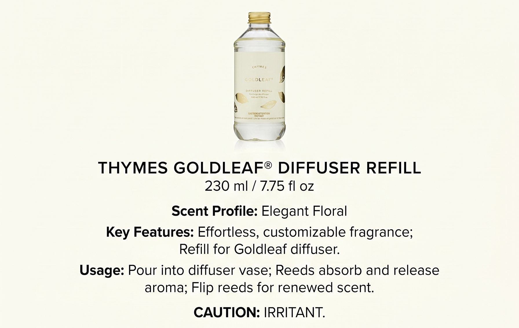 Thymes Reed Diffuser Oil Refill – Fragrance Oil for Diffuser Refill – Flameless Home Fragrance Products – Home Luxury Scents with Notes of Jasmine, Rose, Hyacinth, & Oak Moss (Goldleaf, 7.75 fl oz)