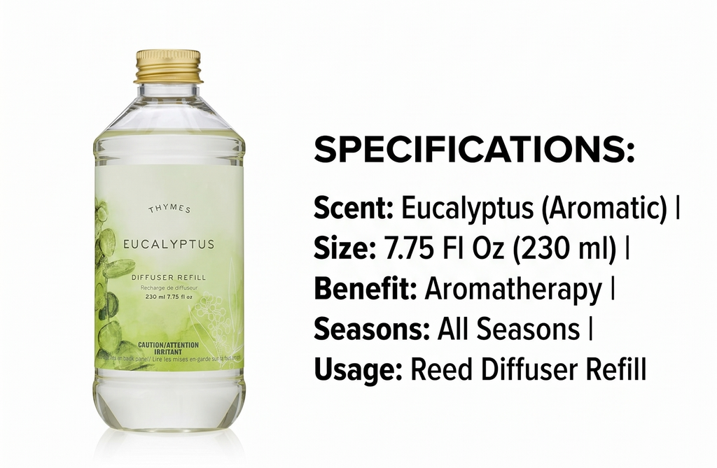 Thymes Reed Diffuser Oil Refill – Fragrance Oil for Diffuser Refill – Flameless Home Fragrance Products – Home Luxury Scents with Notes of Eucalyptus Oil, Lemon, & Bergamot (Eucalyptus, 7.75 fl oz)