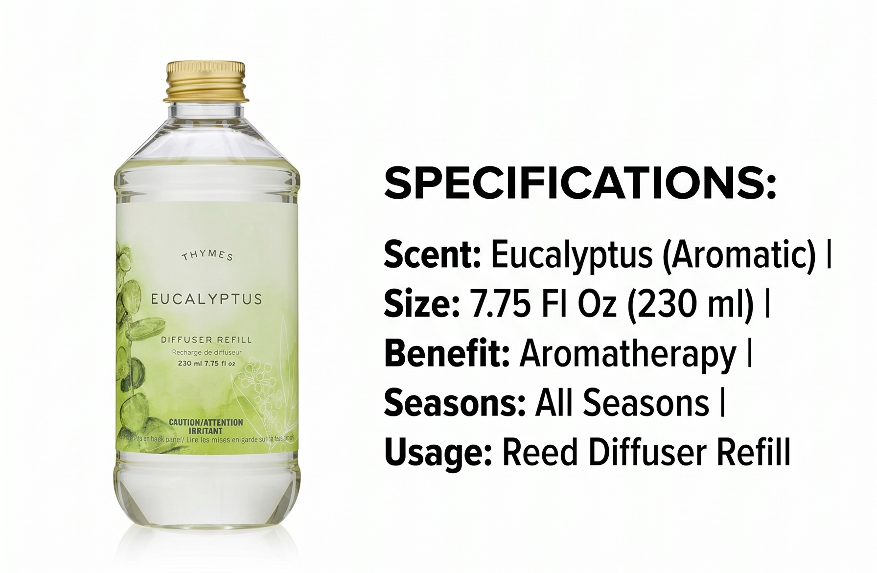 Thymes Reed Diffuser Oil Refill – Fragrance Oil for Diffuser Refill – Flameless Home Fragrance Products – Home Luxury Scents with Notes of Eucalyptus Oil, Lemon, & Bergamot (Eucalyptus, 7.75 fl oz)