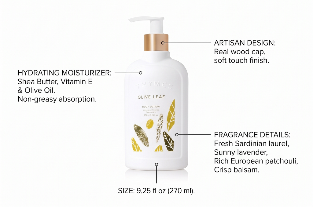 Thymes Olive Leaf Body Lotion - Shea Butter Lotion wIth Vitamin E & Olive Oil for Skin Care Routine - Body and Hand Lotion for Women & Men (9.25 fl oz)