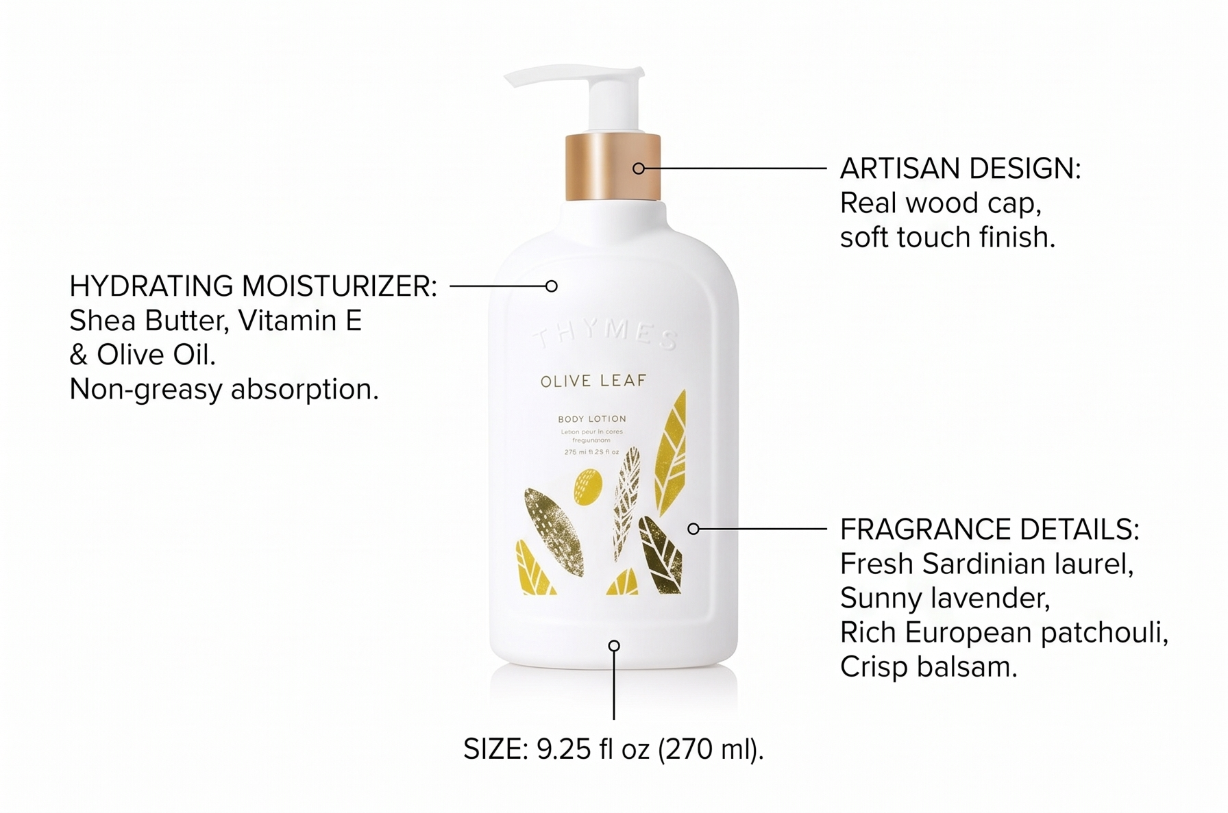 Thymes Olive Leaf Body Lotion - Shea Butter Lotion wIth Vitamin E & Olive Oil for Skin Care Routine - Body and Hand Lotion for Women & Men (9.25 fl oz)