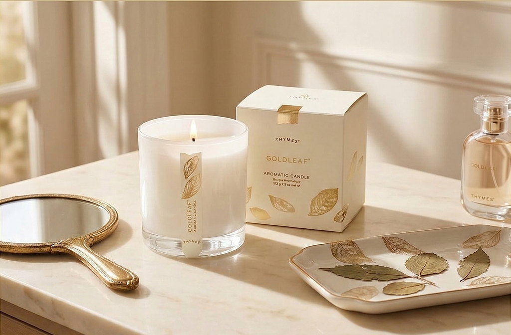 Thymes Aromatic Jar Candle - Goldleaf Scented Candle for a Floral Home Fragrance - Matte White Candles (7.5 oz)