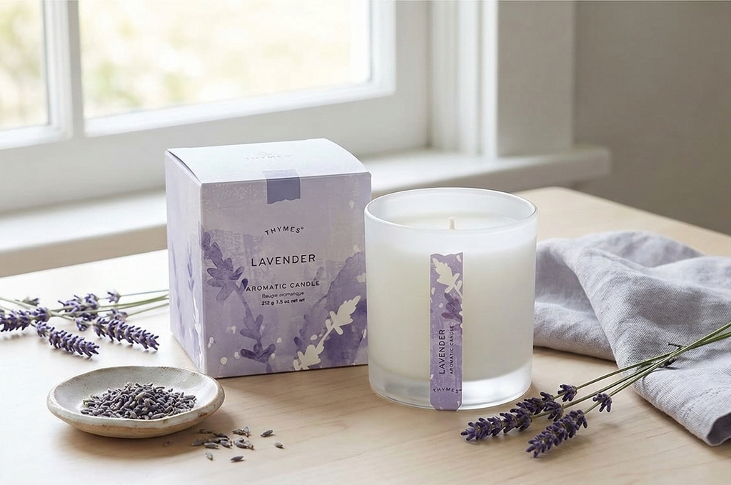 Thymes Aromatic Jar Candle - Lavender Scented Candle for a Soothing Home Fragrance - Matte White Candles (7.5 oz)