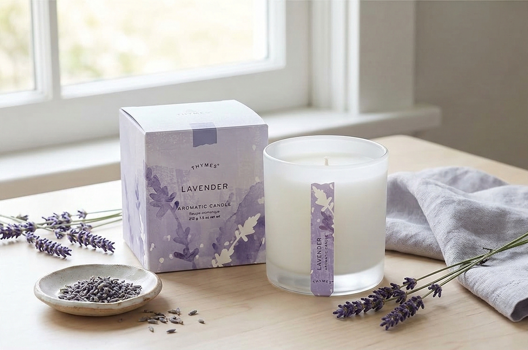 Thymes Aromatic Jar Candle - Lavender Scented Candle for a Soothing Home Fragrance - Matte White Candles (7.5 oz)