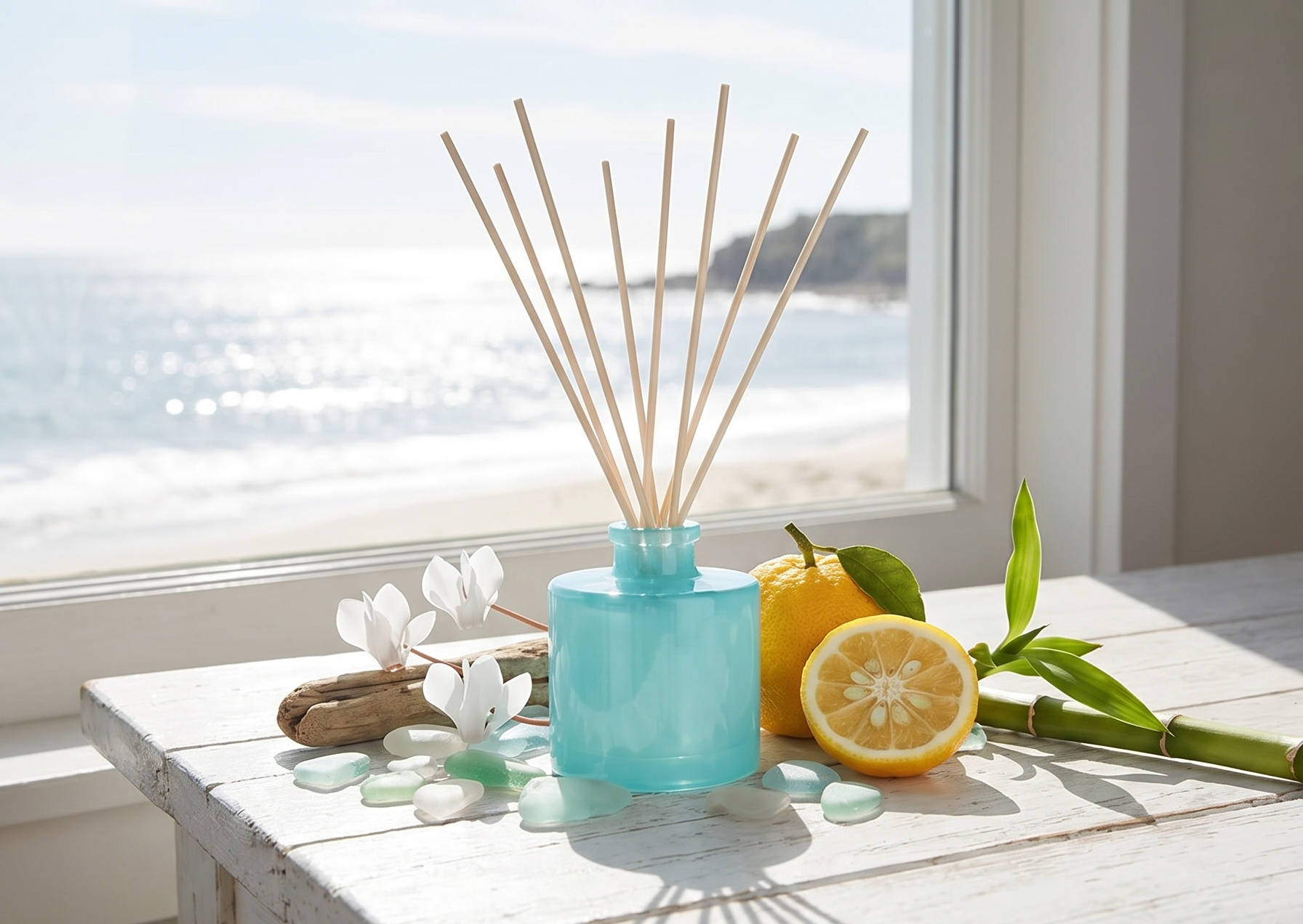 Thymes Petite Reed Diffuser Set – Includes Rattan Wood Sticks, Fragrance Oil, & Glass Bottle – Home Fragrance Oil Diffuser – Luxury Home Decor – Apartment Essentials (Aqua Coralline, 4 fl oz)