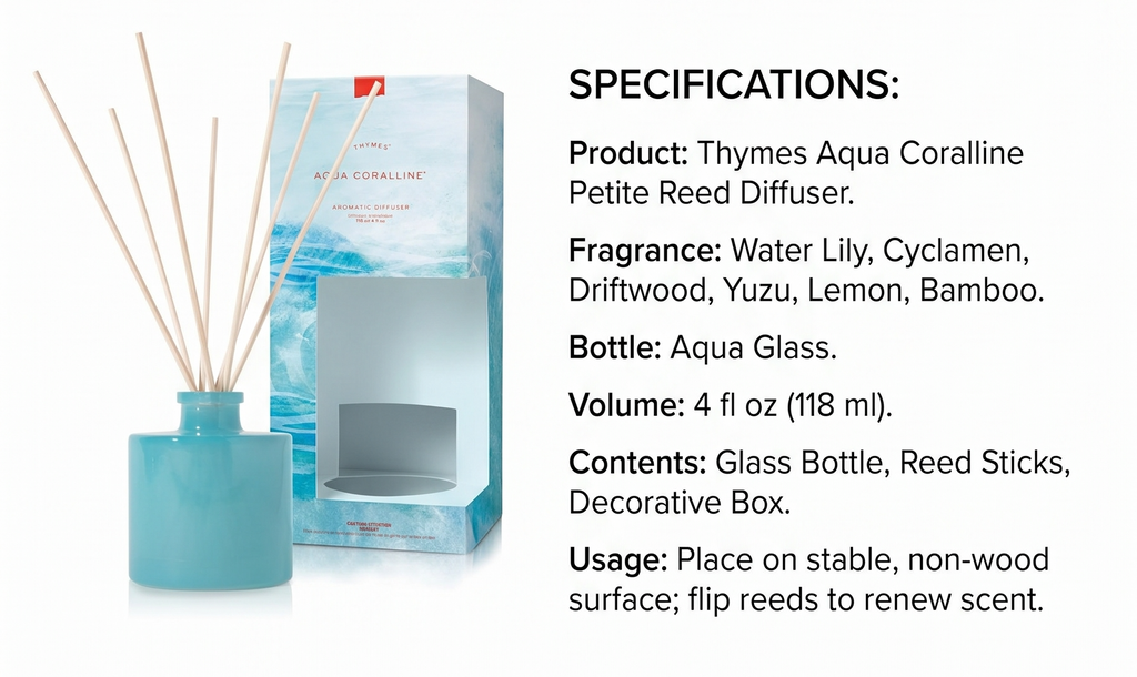 Thymes Petite Reed Diffuser Set – Includes Rattan Wood Sticks, Fragrance Oil, & Glass Bottle – Home Fragrance Oil Diffuser – Luxury Home Decor – Apartment Essentials (Aqua Coralline, 4 fl oz)