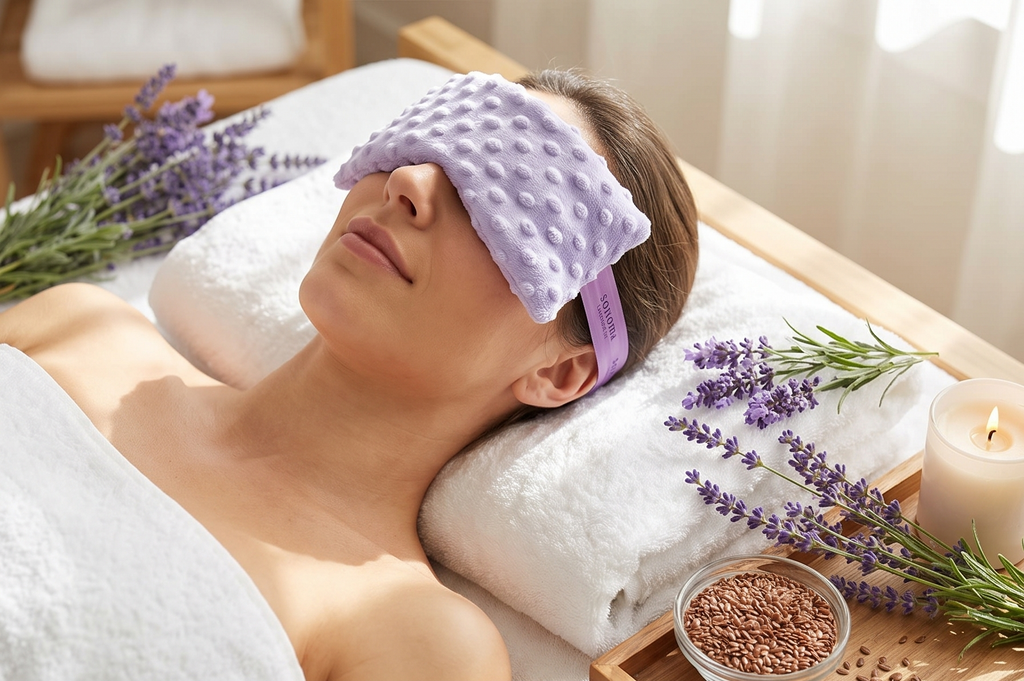 Sonoma Lavender Spa Mask, Heatable/Chillable Aromatherapy Eye Pillow with Lavender Infused Flaxseed Insert, Eye Compress for Stress Relief with Removable and Washable Cover (Lilac Dot)