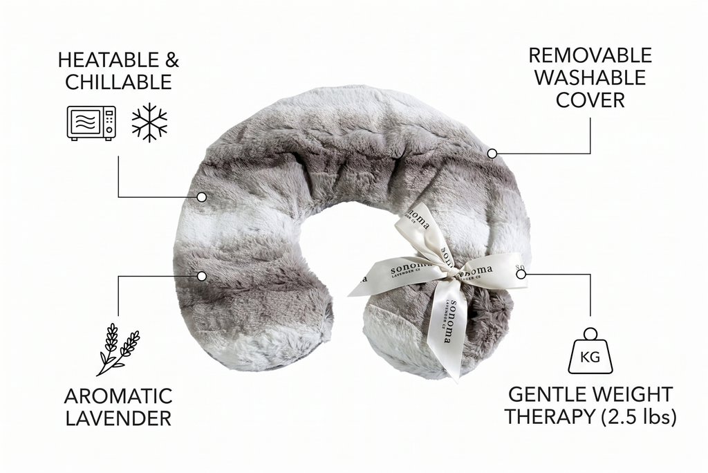 Sonoma Lavender Luxury Lavender Heatable/Chillable Neck Pillow, Microwaveable for Neck and Shoulders with Removable Washable Covers, Great for Relaxation and Pain Relief (Angora Platinum)