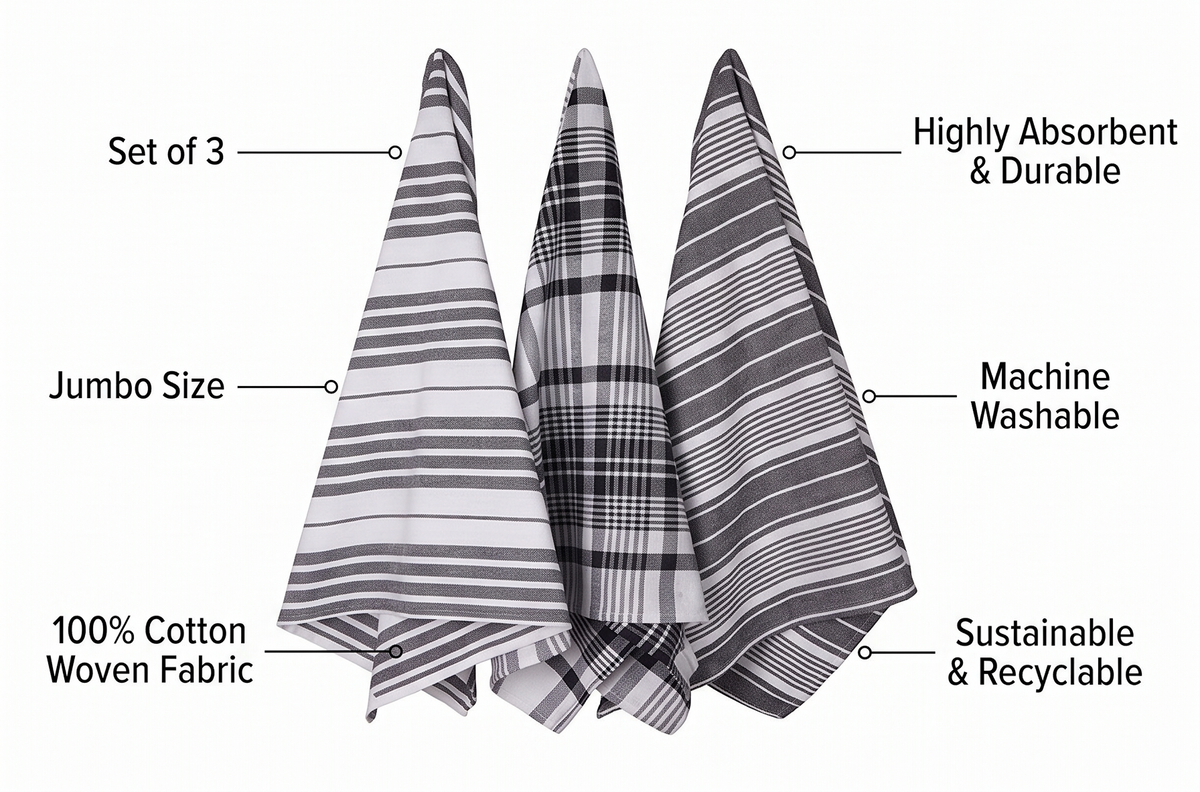 Now Designs Jumbo Pure Kitchen Towel Set of 3, Black