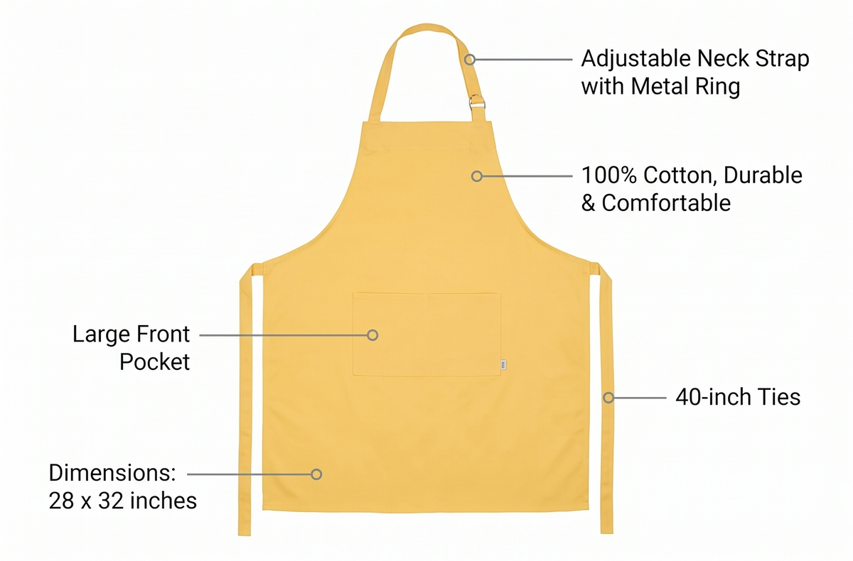 Now Designs Cotton Chef's Kitchen Apron, Solid Lemon Yellow 28 x 32 in