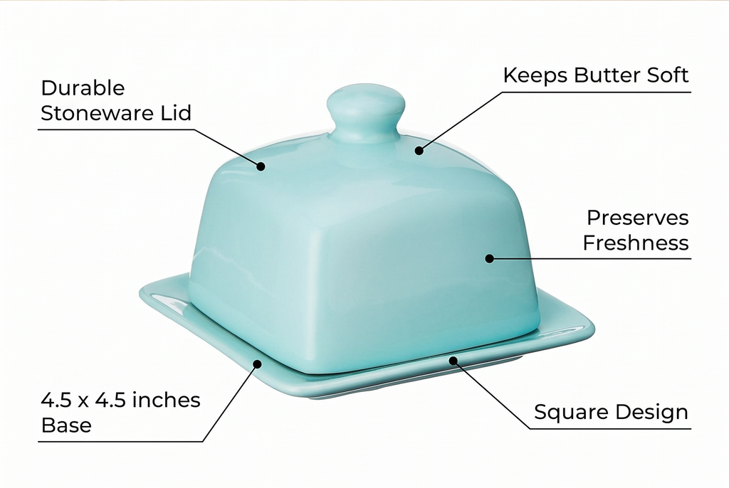 Now Designs Stoneware Square Butter Dish with Lid, Eggshell Blue 4.5 x 4.5 in