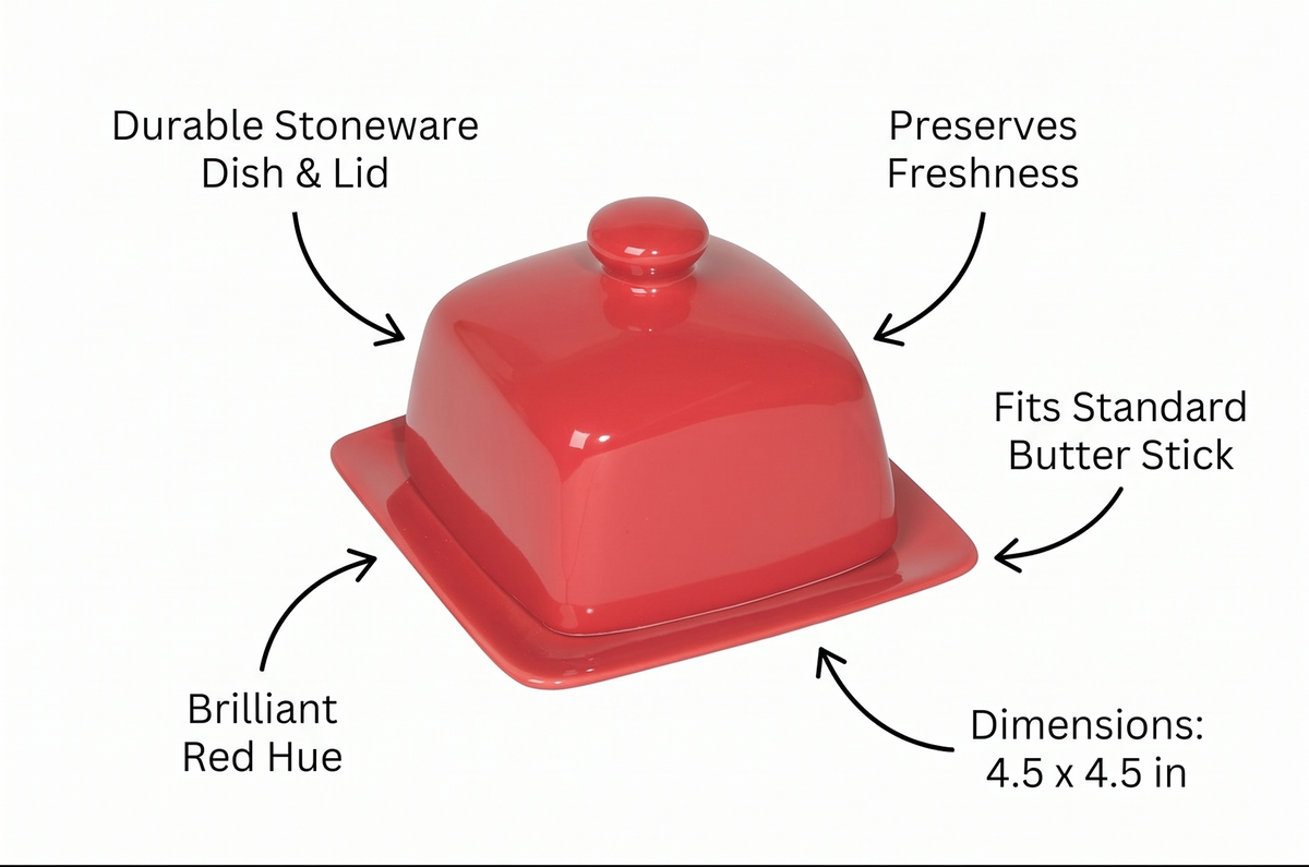 Now Designs Stoneware Square Butter Dish with Lid, Red 4.5 x 4.5 in