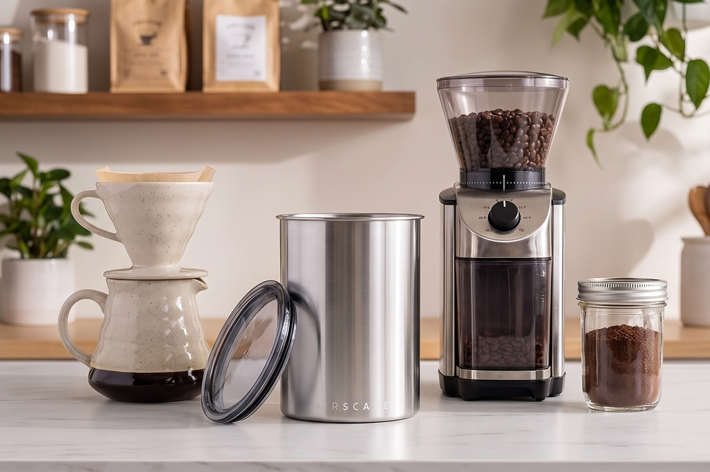 Planetary Design Airscape Stainless Steel Coffee Canister | Food Storage Container | US Patented Inner Plunger Lid REMOVES Excess Oxygen | Don't Buy airtight, Buy AIR-Less (Medium, Brushed Steel)