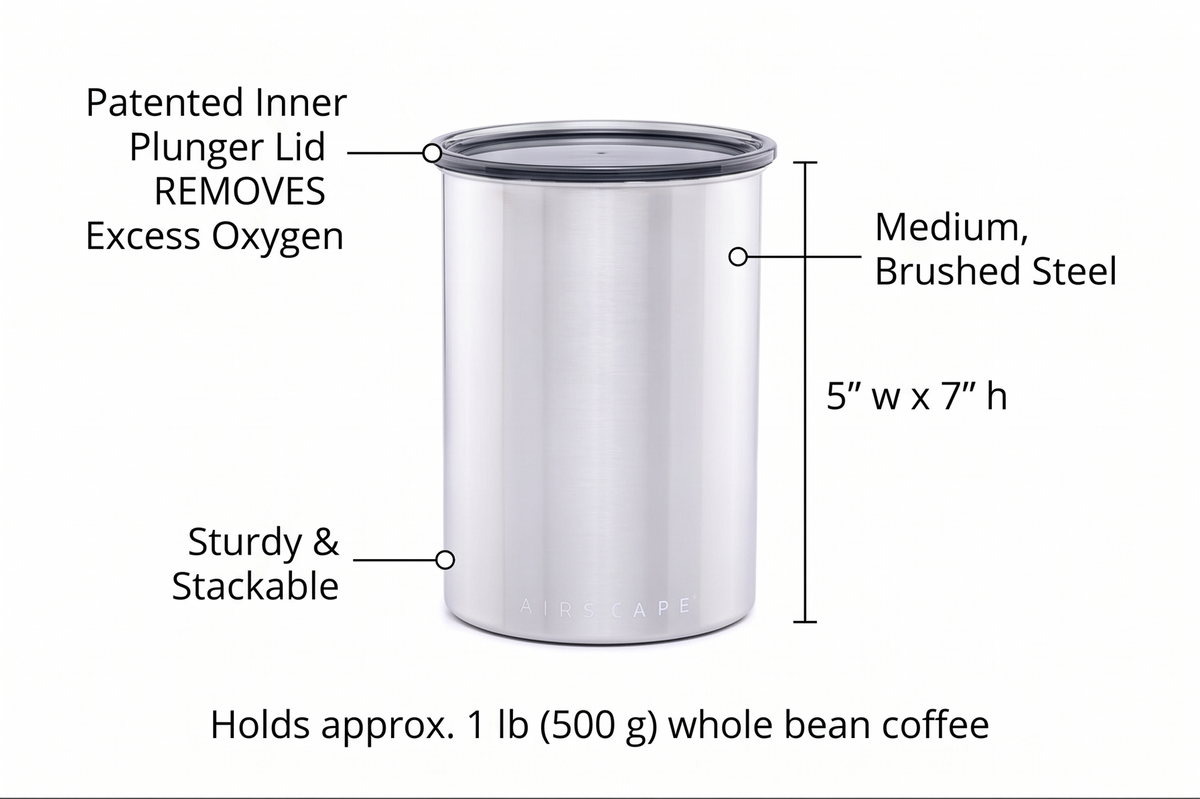 Planetary Design Airscape Stainless Steel Coffee Canister | Food Storage Container | US Patented Inner Plunger Lid REMOVES Excess Oxygen | Don't Buy airtight, Buy AIR-Less (Medium, Brushed Steel)