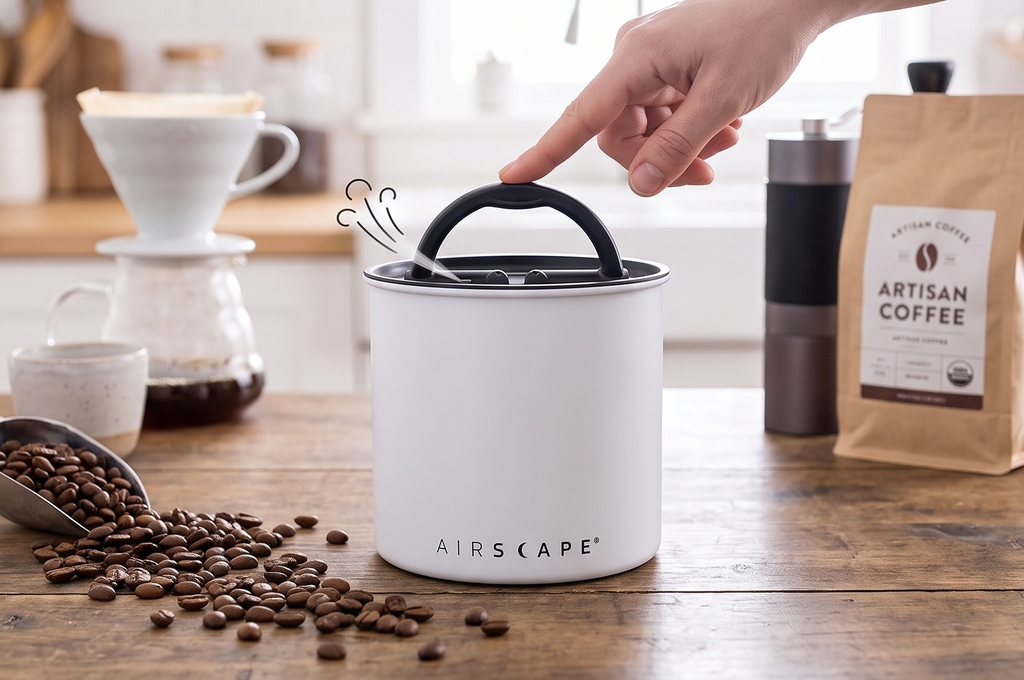 Planetary Design Airscape Stainless Steel Coffee Canister | Food Storage Container | US Patented Airtight Lid | Push Out Excess Air Preserve Food Freshness (Small, Matte White)