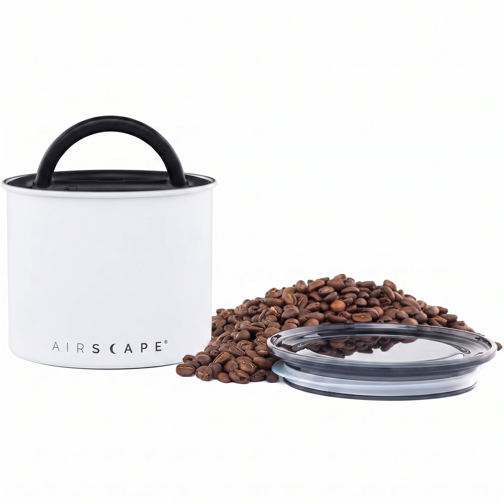 Planetary Design Airscape Stainless Steel Coffee Canister | Food Storage Container | US Patented Airtight Lid | Push Out Excess Air Preserve Food Freshness (Small, Matte White)