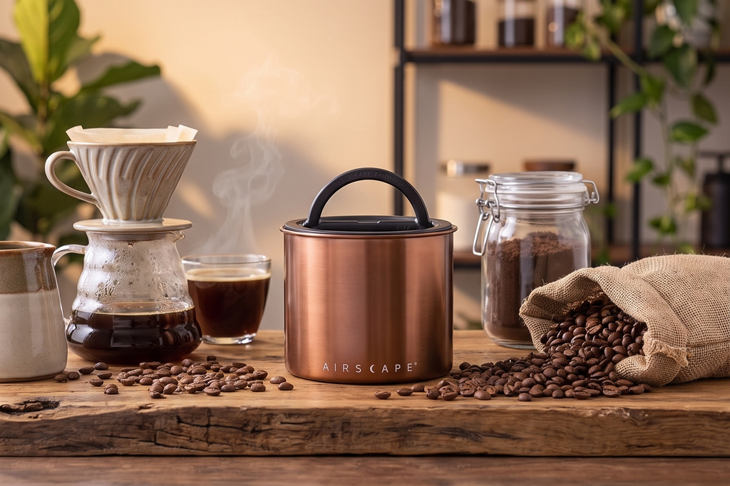 Planetary Design Airscape Stainless Steel Coffee Canister | Food Storage Container | US Patented Airtight Lid | Push Out Excess Air Preserve Food Freshness (Small, Brushed Copper)