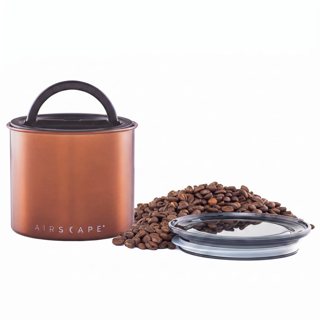 Planetary Design Airscape Stainless Steel Coffee Canister | Food Storage Container | US Patented Airtight Lid | Push Out Excess Air Preserve Food Freshness (Small, Brushed Copper)