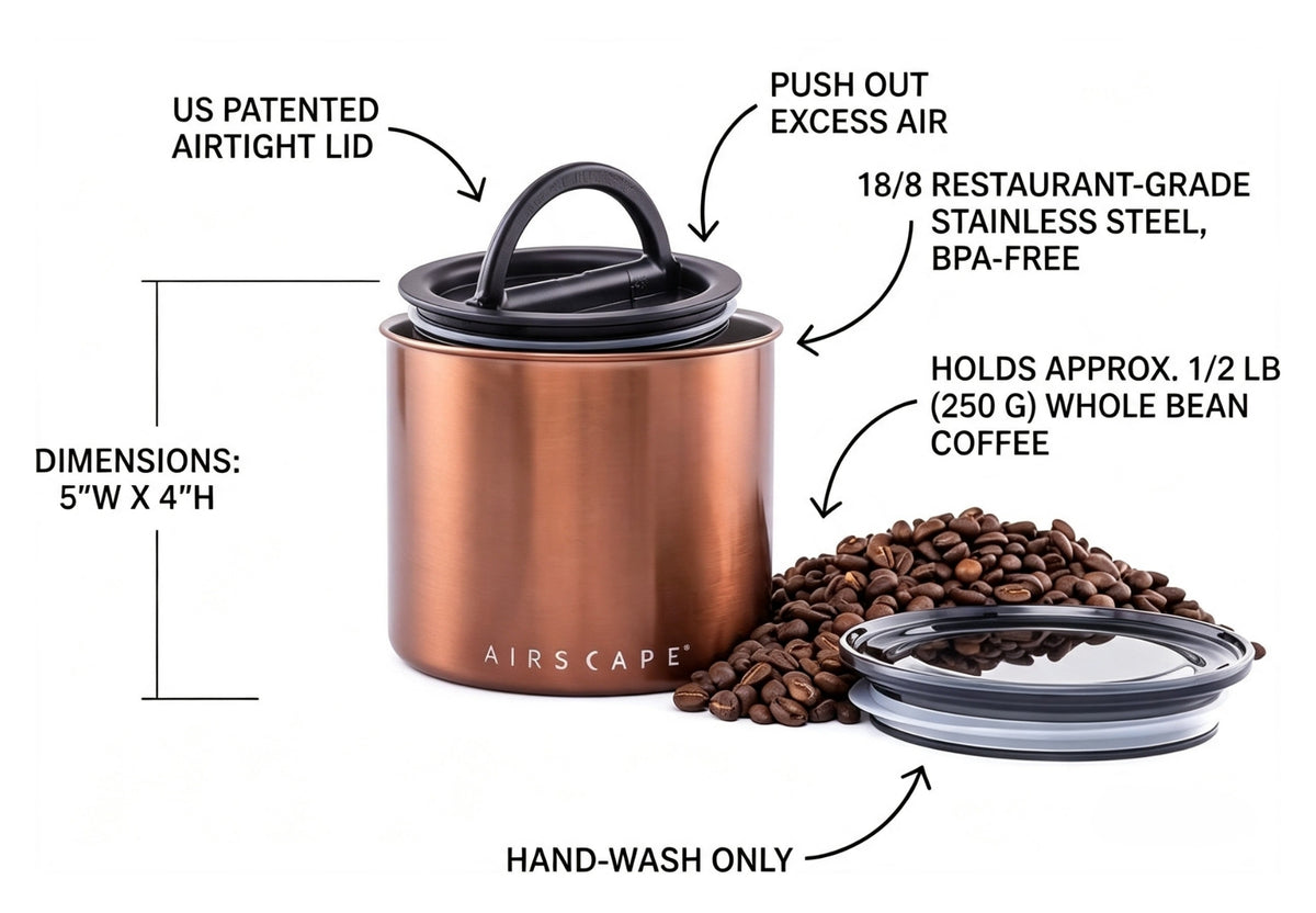 Planetary Design Airscape Stainless Steel Coffee Canister | Food Storage Container | US Patented Airtight Lid | Push Out Excess Air Preserve Food Freshness (Small, Brushed Copper)