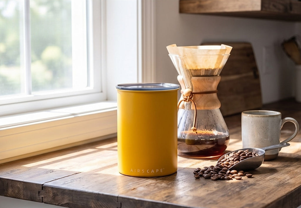 Planetary Design Airscape Stainless Steel Coffee Canister | Food Storage Container | US Patented Airtight Lid | Push Out Excess Air Preserve Food Freshness (Medium, Matte Yellow)