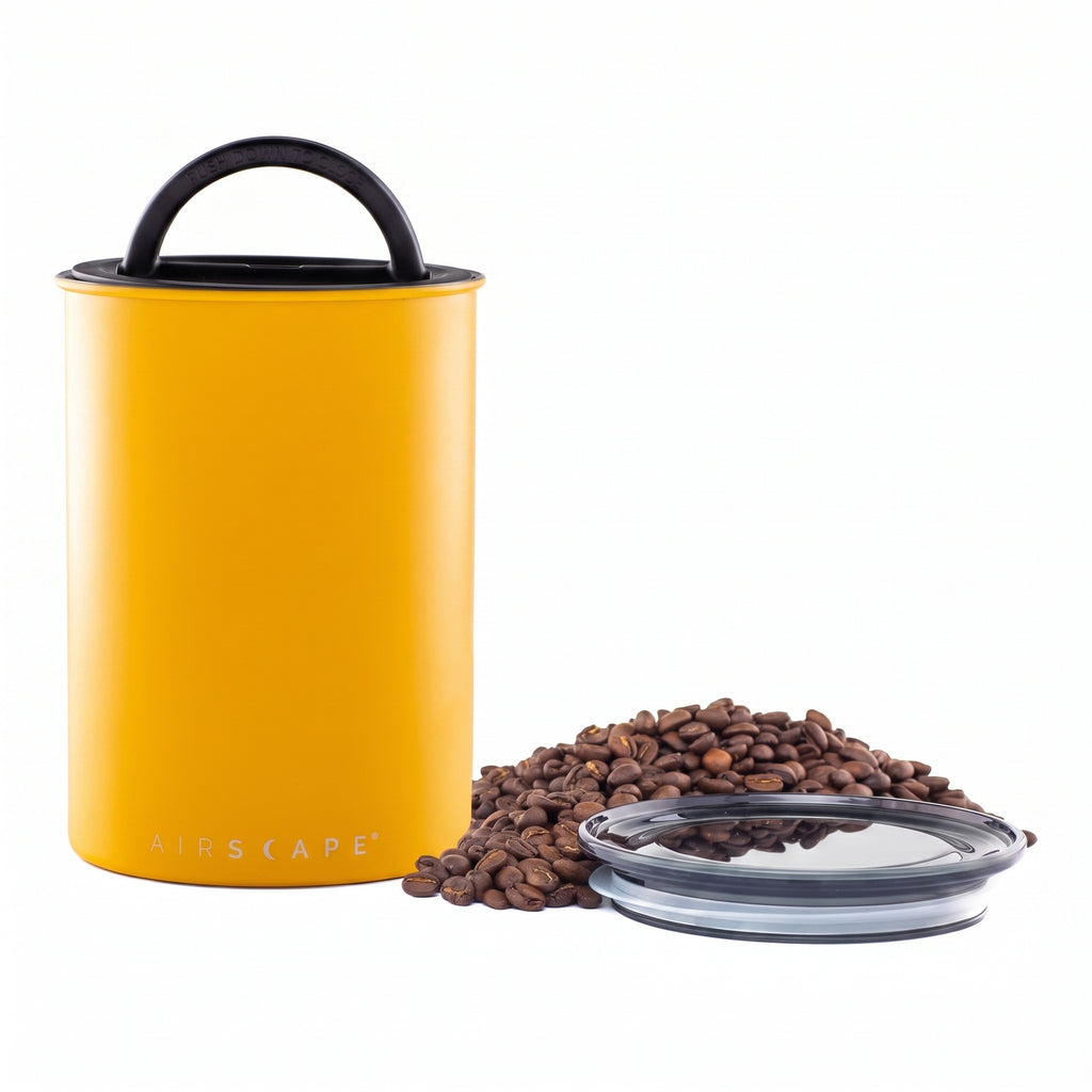 Planetary Design Airscape Stainless Steel Coffee Canister | Food Storage Container | US Patented Airtight Lid | Push Out Excess Air Preserve Food Freshness (Medium, Matte Yellow)