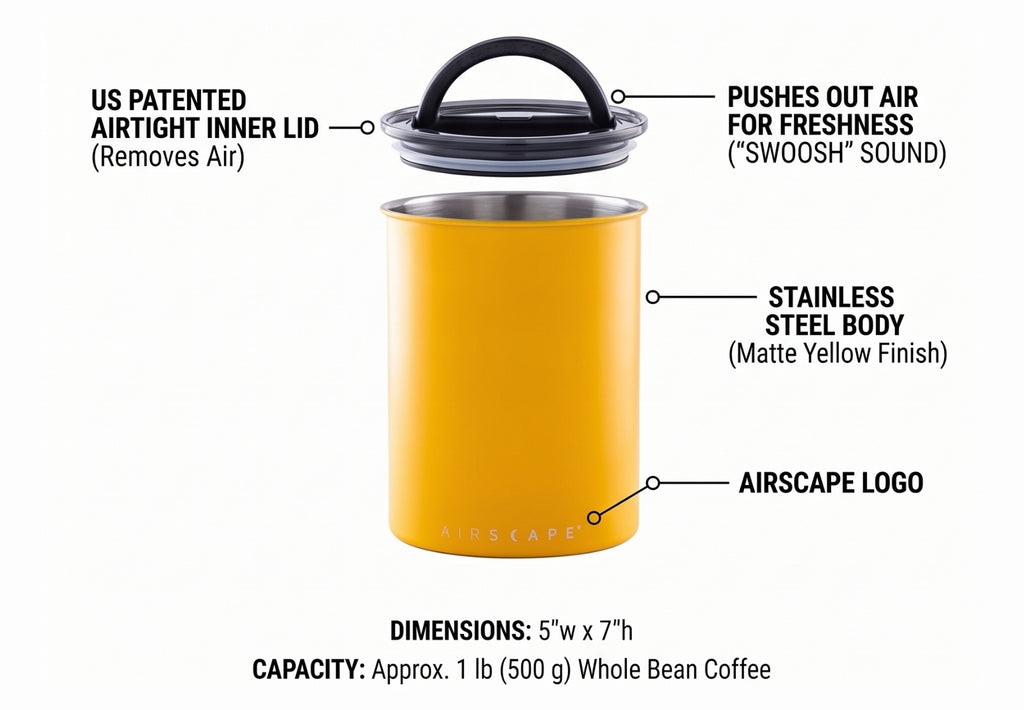 Planetary Design Airscape Stainless Steel Coffee Canister | Food Storage Container | US Patented Airtight Lid | Push Out Excess Air Preserve Food Freshness (Medium, Matte Yellow)