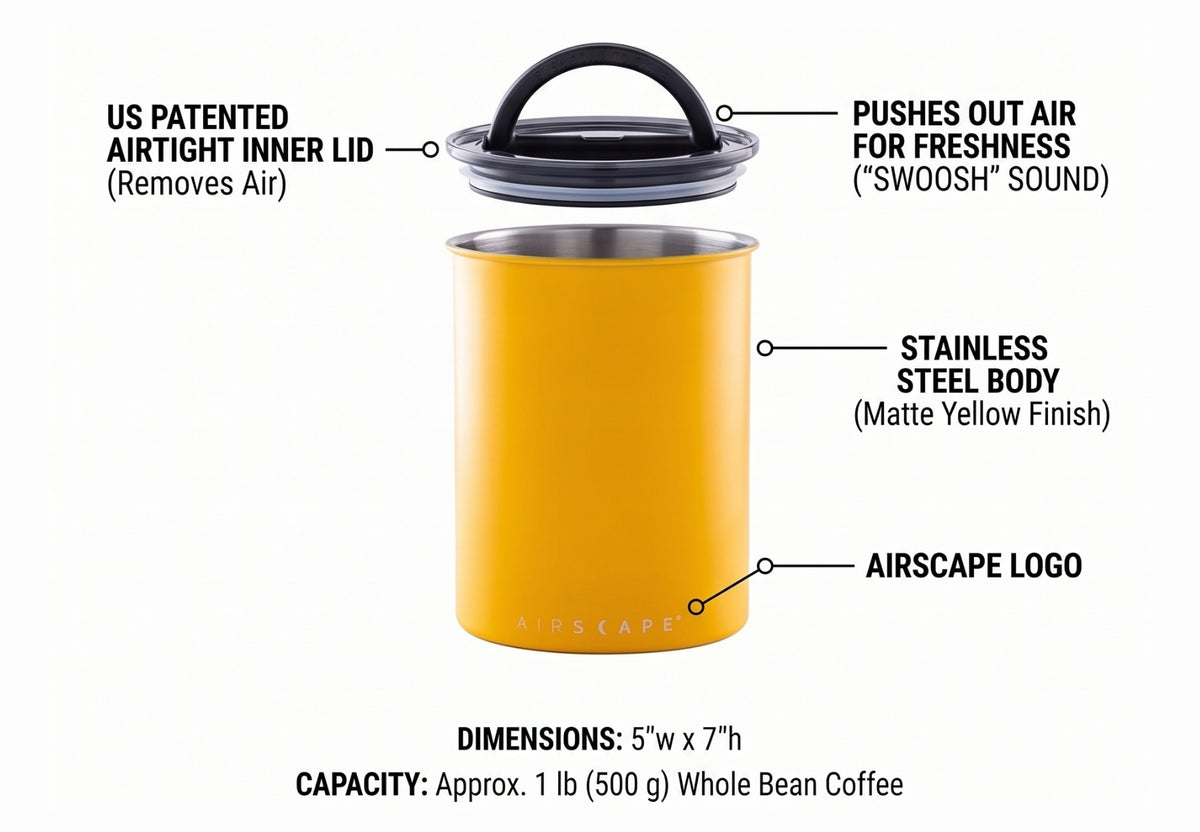 Planetary Design Airscape Stainless Steel Coffee Canister | Food Storage Container | US Patented Airtight Lid | Push Out Excess Air Preserve Food Freshness (Medium, Matte Yellow)