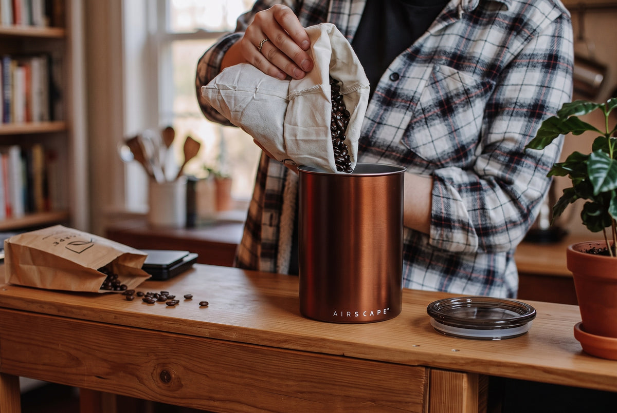 Planetary Design Airscape Stainless Steel Coffee Canister | Food Storage Container | US Patented Inner Plunger Lid REMOVES Excess Oxygen | Don't Buy airtight, Buy AIR-Less | (Medium, Brushed Copper)