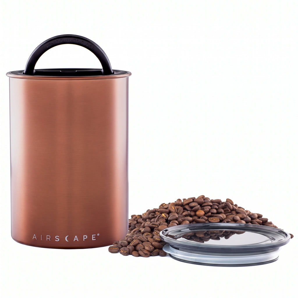 Planetary Design Airscape Stainless Steel Coffee Canister | Food Storage Container | US Patented Inner Plunger Lid REMOVES Excess Oxygen | Don't Buy airtight, Buy AIR-Less | (Medium, Brushed Copper)