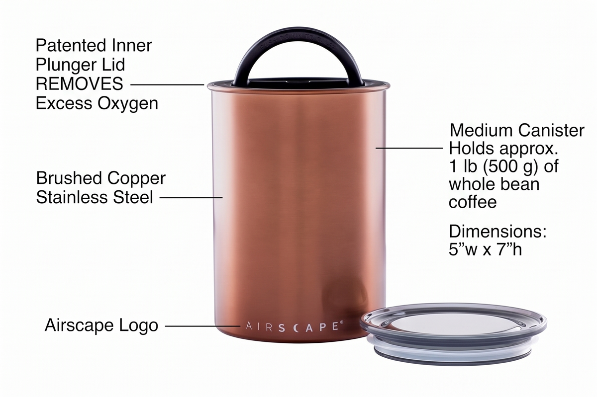 Planetary Design Airscape Stainless Steel Coffee Canister | Food Storage Container | US Patented Inner Plunger Lid REMOVES Excess Oxygen | Don't Buy airtight, Buy AIR-Less | (Medium, Brushed Copper)