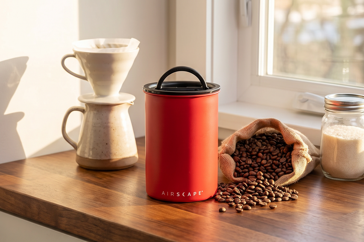 Planetary Design Airscape Stainless Steel Coffee Canister | Food Storage Container | US Patented Airtight Lid | Push Out Excess Air Preserve Food Freshness (Medium, Matte Red)