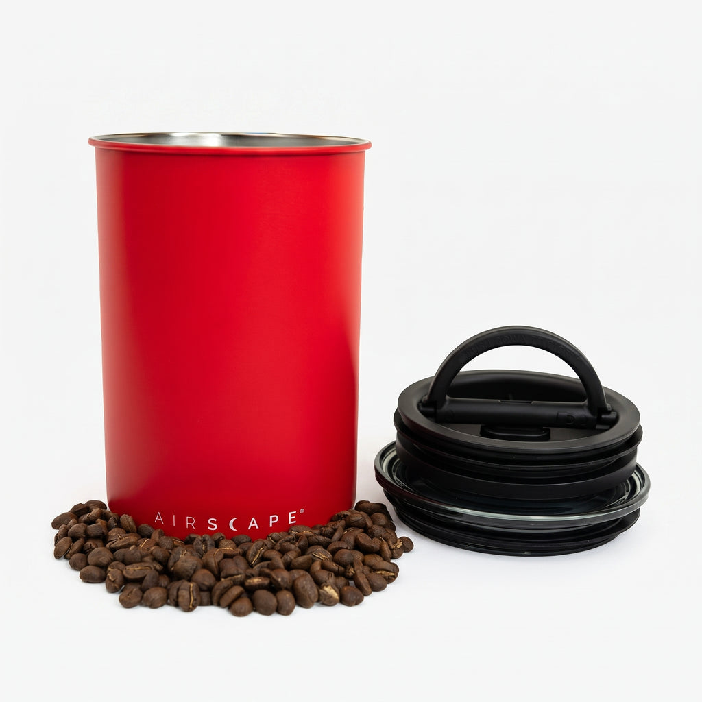 Planetary Design Airscape Stainless Steel Coffee Canister | Food Storage Container | US Patented Airtight Lid | Push Out Excess Air Preserve Food Freshness (Medium, Matte Red)