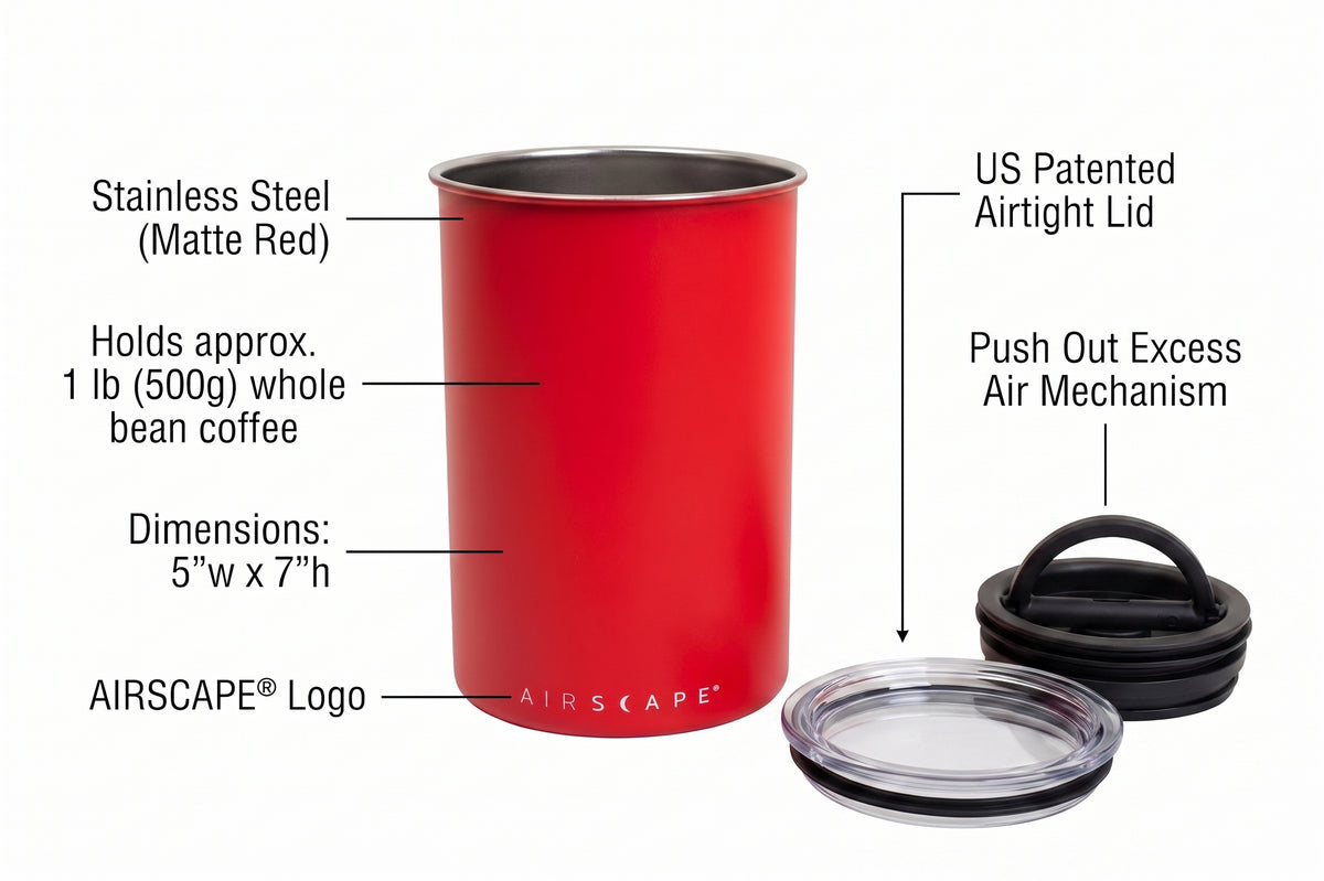 Planetary Design Airscape Stainless Steel Coffee Canister | Food Storage Container | US Patented Airtight Lid | Push Out Excess Air Preserve Food Freshness (Medium, Matte Red)