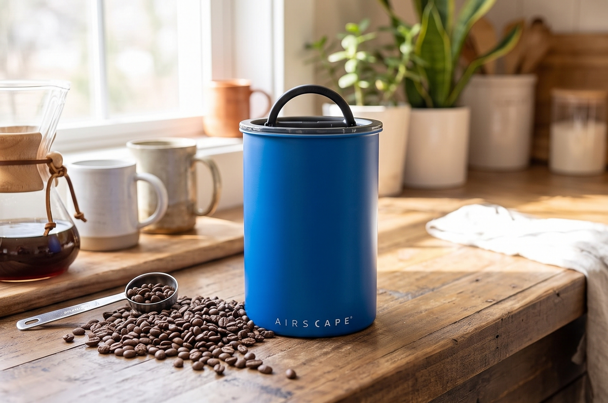 Planetary Design Airscape Stainless Steel Coffee Canister | Food Storage Container | US Patented Airtight Lid | Push Out Excess Air Preserve Food Freshness (Medium, Matte Blue)