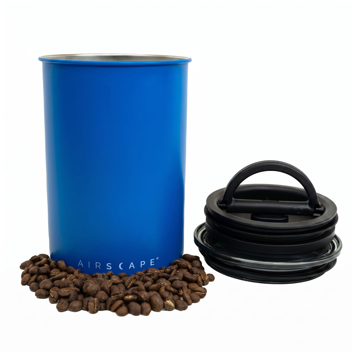 Planetary Design Airscape Stainless Steel Coffee Canister | Food Storage Container | US Patented Airtight Lid | Push Out Excess Air Preserve Food Freshness (Medium, Matte Blue)