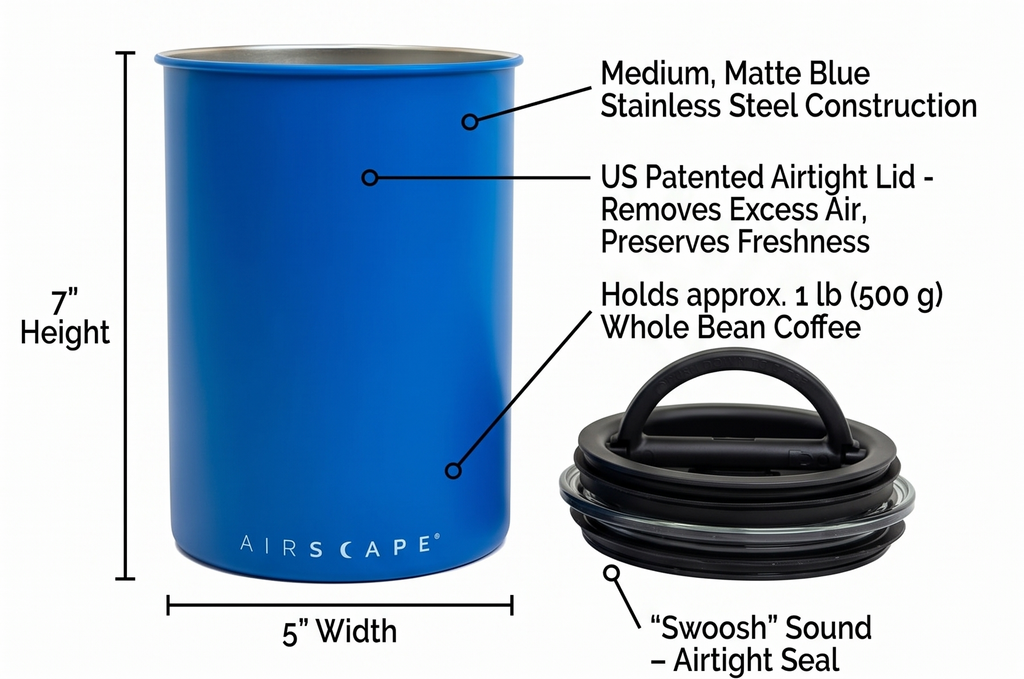 Planetary Design Airscape Stainless Steel Coffee Canister | Food Storage Container | US Patented Airtight Lid | Push Out Excess Air Preserve Food Freshness (Medium, Matte Blue)
